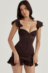 Robe courte de soirée en satin à volants et bustier en mousseline - Chocolat